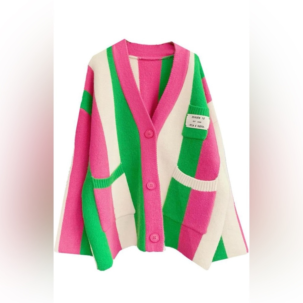 Pink and Green Striped Women's Sweater